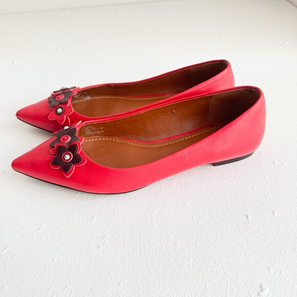 Coach Tea Rose Red Leather Floral Pointy Toe Flats 7.5 - Picture 7 of 10